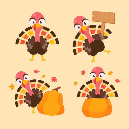 happy thanksgiving cartoon turkey cute and pumpkin in the autumnのイラスト素材
