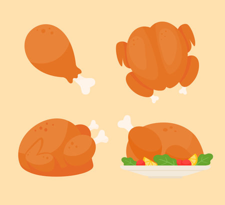 Roast Turkey. Thanksgiving Dinner Elements for decorating greeting cardsのイラスト素材