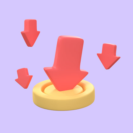 Gold coin with red arrow pointing down Less value of money. 3D Illustration with clipping path.の写真素材