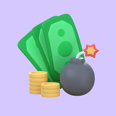 Time bomb and pile of coins and banknotes. 3D Illustration with clipping path.の写真素材