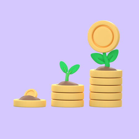 The pile of golden coins increased in number. with growing trees investment ideas. 3D Illustration...