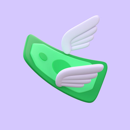 Dollar bill with flying feather wings. 3D Illustration with clipping path.の写真素材