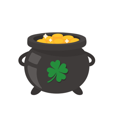 The green pot is full of gold coins. with good luck clover on st patrick festivalのイラスト素材