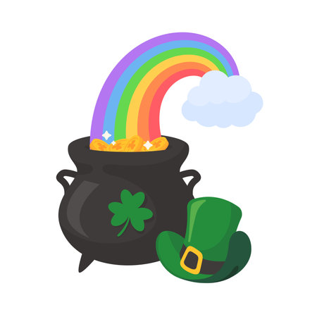 A cloud that shoots a rainbow on a pot full of gold coins with the clover symbol of good luck on st patrick's festivalのイラスト素材