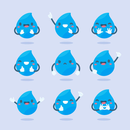 Cute water drop cartoon characters in various poses Providing knowledge to reduce water useのイラスト素材