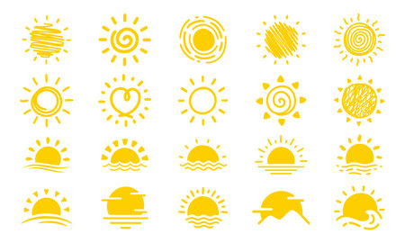 Simple hand drawn cartoon sun. morning weather decorative elements for childrenのイラスト素材
