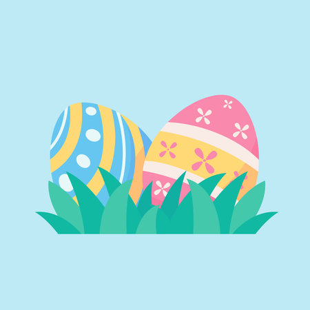 A cartoon bunny hiding behind colorfully decorated Easter eggs during the Easter Egg Festival.のイラスト素材
