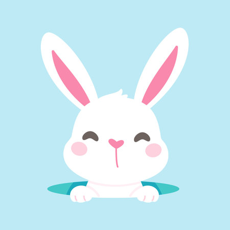 A cartoon bunny hiding behind colorfully decorated Easter eggs during the Easter Egg Festival.のイラスト素材