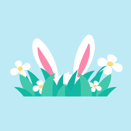 A cartoon bunny hiding behind colorfully decorated Easter eggs during the Easter Egg Festival.のイラスト素材