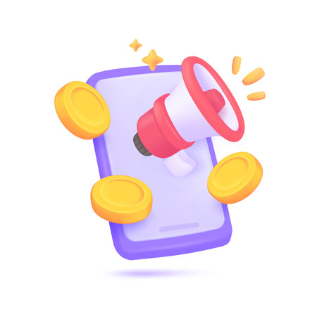3D megaphone flying from a mobile phone with gold coins online marketing ideas Advertisements to promote sales. 3D Vector Illustration.のイラスト素材