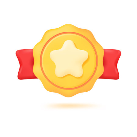 3D golden medal. Gold medal with achievement star with red ribbon The concept of winning sports championships. 3D Vector Illustration.のイラスト素材