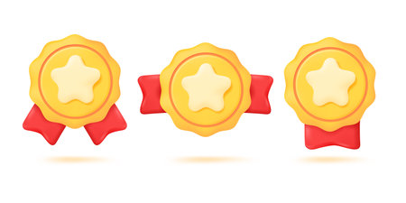 3D golden medal. Gold medal with achievement star with red ribbon The concept of winning sports championships. 3D Vector Illustration.のイラスト素材