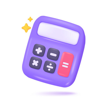 3D calculator. Purple calculator with buttons for counting values ââto find mathematical results. 3D Vector Illustration.のイラスト素材