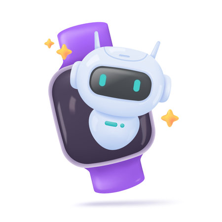 3D robot on a smart watch. The idea of ââusing AI technology in a smart watch. To help monitor bodily functions in patients. 3D vector Illustration.のイラスト素材