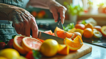 Elderly hands cutting fresh fruit, with a blurred background of a bright kitchen, emphasizing the importance of healthy food choices in maintaining wellness in older ageの素材