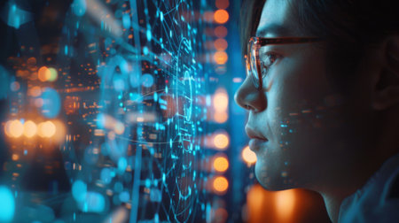 A business professional analyzing live cryptocurrency market data on a high-tech digital screen, The screen displays a complex blockchain network diagram and fluctuating crypto values against a backdrop of a modern office.の素材