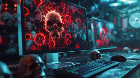 A computer infected with a virus, displaying a warning message on the screen, with a chaotic background of code and skull icons, focusing on the impact of computer viruses and malware.の素材
