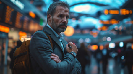 A businessman checking his watch in a busy airport terminal, airplanes and passenger movement blurred in the background, emphasizing the fast-paced nature of business travelの素材