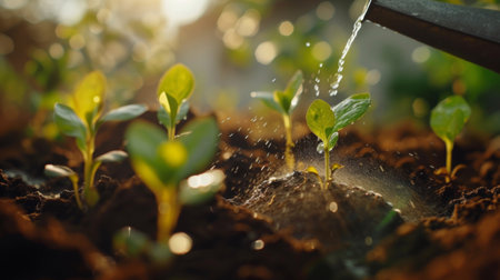 A detailed close-up of a watering can, sprinkling water over soil from which coins and young trees are sprouting, under the watchful gaze of a financial planner. The scene embodies the careful cultivation of investments for future gain.の素材