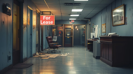 An empty office with scattered papers and a dimly lit "For Lease" sign out front, symbolizing the impact of economic recession on small businessesの素材