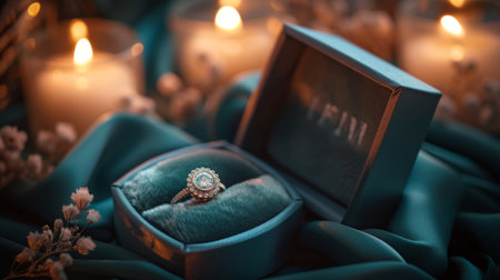 A luxurious anniversary gift box opened to reveal a sparkling piece of jewelry, with the close-up capturing the intricate design and the gleam of the gemstones. Soft, romantic lighting and a velvet background add to the allureの素材