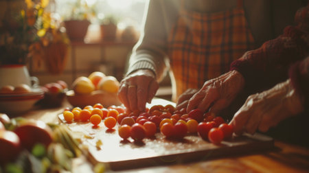An elderly couple preparing a fruit salad together in a sunny kitchen, focusing on their hands and the fruit, symbolizing shared commitment to health and nutritionの素材