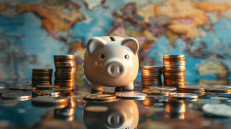 A piggy bank on a reflective surface surrounded by stacks of coins, each stack representing different currencies. The backdrop features a world map, suggesting the global nature of finance and investment.の素材