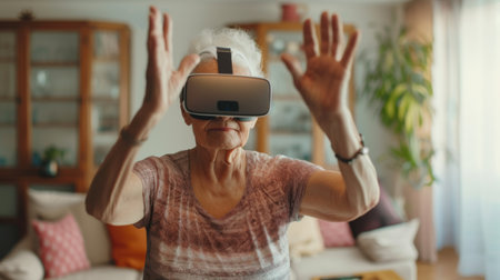 Elderly woman wearing VR glasses, standing and stretching in her living room, engaged in a virtual fitness class, with health monitoring devices visible in the foreground, emphasizing the role of VR in promoting health and activity among seniorsの素材