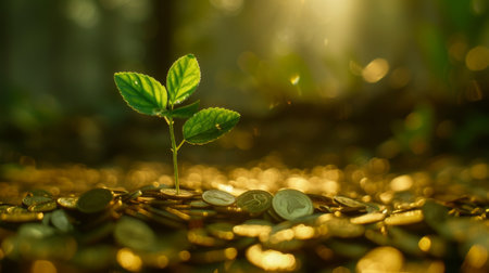 A close-up of a vibrant, green sapling growing out of a pile of golden coins, illuminated by a soft, morning light.の素材