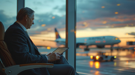 Businessman seated by the window in a passenger building, reading on a digital tablet with an airplane taxiing outside, focus on the reflection of the airplane in the window, serene early evening atmosphereの素材