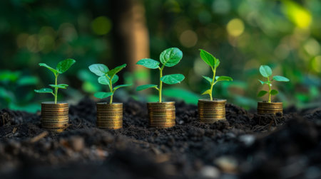 A series of coins planted in rich soil, each with a tiny sprout emerging, leading to a large, flourishing tree in the background. This progression represents the journey of investing, from small beginnings to abundant outcomes.の素材