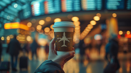 A close-up of a coffee cup with an airplane design on it, held by a traveler at an airport cafe. The background captures the early morning rush of passengersの素材