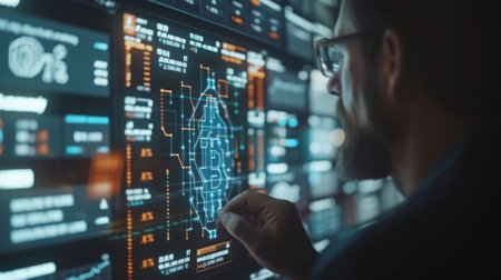 A business professional analyzing live cryptocurrency market data on a high-tech digital screen, reflecting the dynamic nature of digital currencies. The screen displays a complex blockchain network diagram and fluctuating crypto values against a backdrop of a modern office.の素材