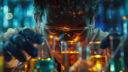 A close-up of a scientist analyzing vibrant chemicals in beakers, wearing protective goggles and gloves, amidst a bustling laboratory. Beakers and test tubes filled with glowing liquids, digital screens displaying data, and scientific instruments.の素材