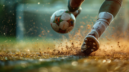 A football player's foot striking a ball with precision, capturing the moment just before the ball rockets towards the goal with the goalpost in the backgroundの素材