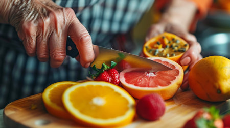 Elderly hands cutting fresh fruit, with a blurred background of a bright kitchen, emphasizing the importance of healthy food choices in maintaining wellness in older ageの素材