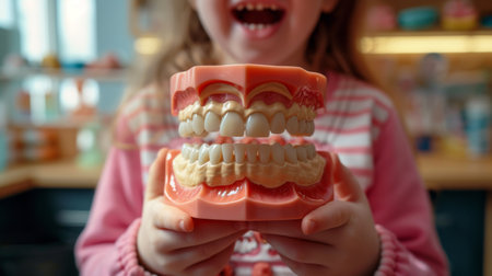 Close-up of a young child holding a dental model showing healthy teeth versus tooth decay, with the dentist explaining treatment options in the backgroundの素材