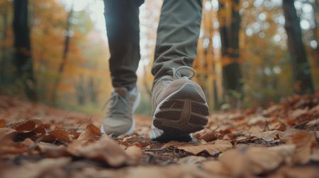 Close-up of an elderly jogger's feet on a forest trail, with the focus on the running shoes and the steady stride, showcasing the vitality and commitment to good health through joggingの素材