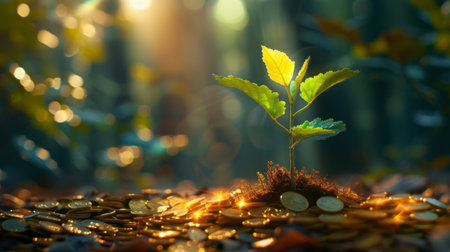 A close-up of a vibrant, green sapling growing out of a pile of golden coins, illuminated by a soft, morning light. The background subtly fades into a blurred vision of a flourishing forest.の素材