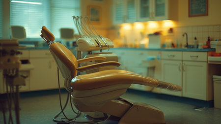 Dentist's chair with dental equipment poised for use, empty and waiting for the next patient, focus on the chair and tools, with the light positioned for a dental procedure, capturing the anticipation of dental careの素材