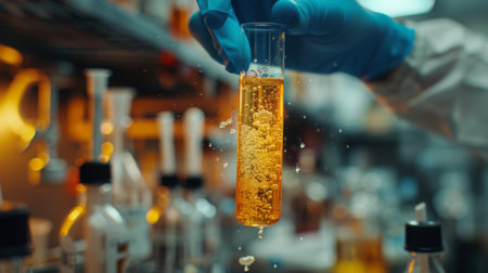Close-up on a scientist's gloved hand holding a test tube with a bubbling, effervescent liquid, against the backdrop of a cluttered laboratory workbenchの素材