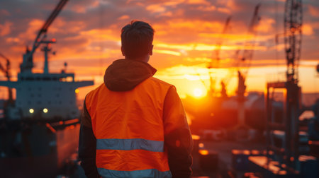 Engineer wearing a safety vest standing in front of a large construction machinery, inspecting the progress of a building construction, warm sunset light highlighting the silhouetteの素材