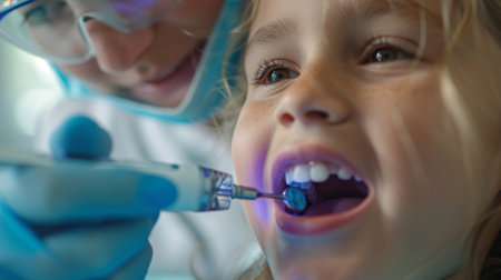 Close-up of a dentist applying fluoride treatment to a young child's teeth, focusing on the child's open mouth and the fluoride applicator, to highlight prevention of tooth decayの素材