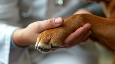 Close-up of a dog's paw in the hand of a veterinarian, symbolizing the care and protection offered by veterinary professionals, with a heartwarming and serene clinic setting in the backgroundの素材