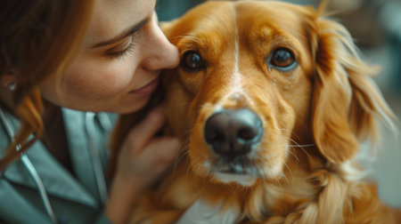 Veterinarian gently examining a dog in a clinic, with close-up on their hands checking the dog's ears, surrounded by veterinary tools, showcasing the care and dedication of animal loversの素材