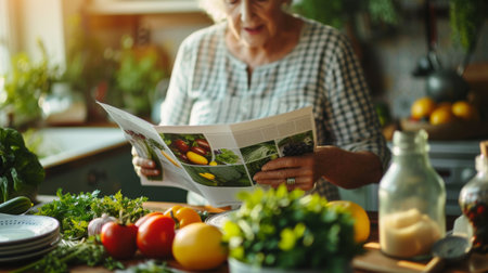Elderly individual reading a brochure on heart disease prevention, with healthy foods and a blood pressure monitor visible on the table, focusing on the holistic approach to heart health in elderly careの素材