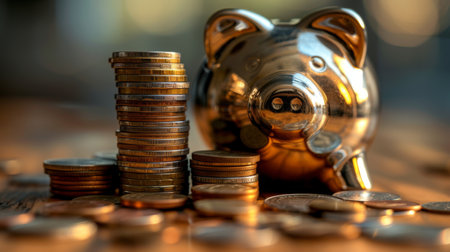 Stack of coins in front of a piggy bank, emphasizing savings and investment, with coins of various currencies, close-up on the texture and details of the coins and piggy bank, a soft light highlighting the metallic shineの素材