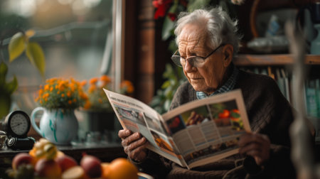Elderly individual reading a brochure on heart disease prevention, with healthy foods and a blood pressure monitor visible on the table, focusing on the holistic approach to heart health in elderly careの素材