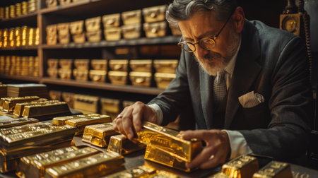 Bank manager auditing the contents of a vault, inspecting gold bars and banknotes with care, the seriousness of the task reflected in their expression, background of the secure vault interiorの素材