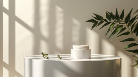 Close-up of a sleek skin care cream jar on a minimalist podium, clean white background, soft shadows casting a refined look, emphasizing the product's elegance and simplicityの素材